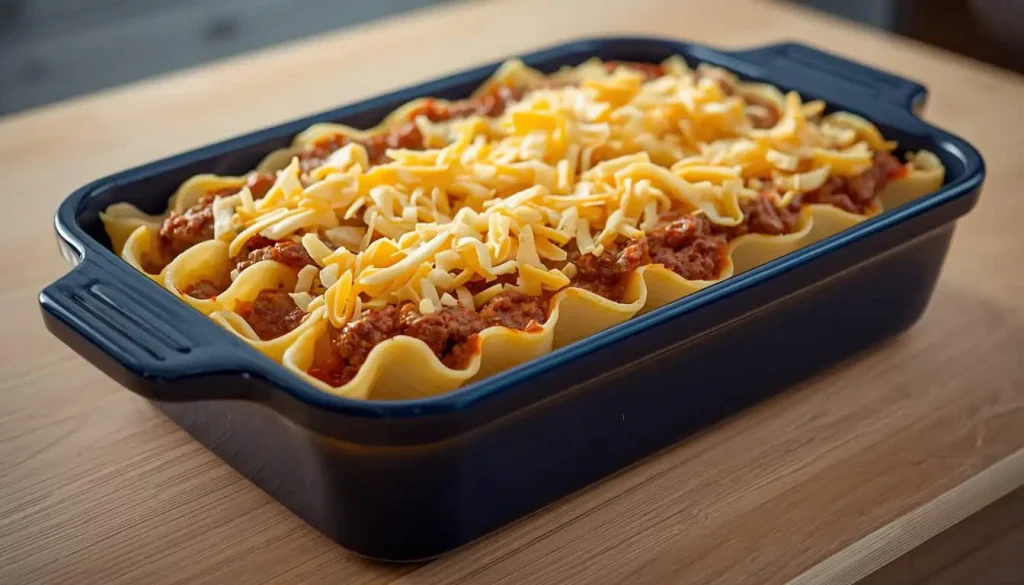 Poor Man Husband Casserole layered with ground beef and noodles before baking