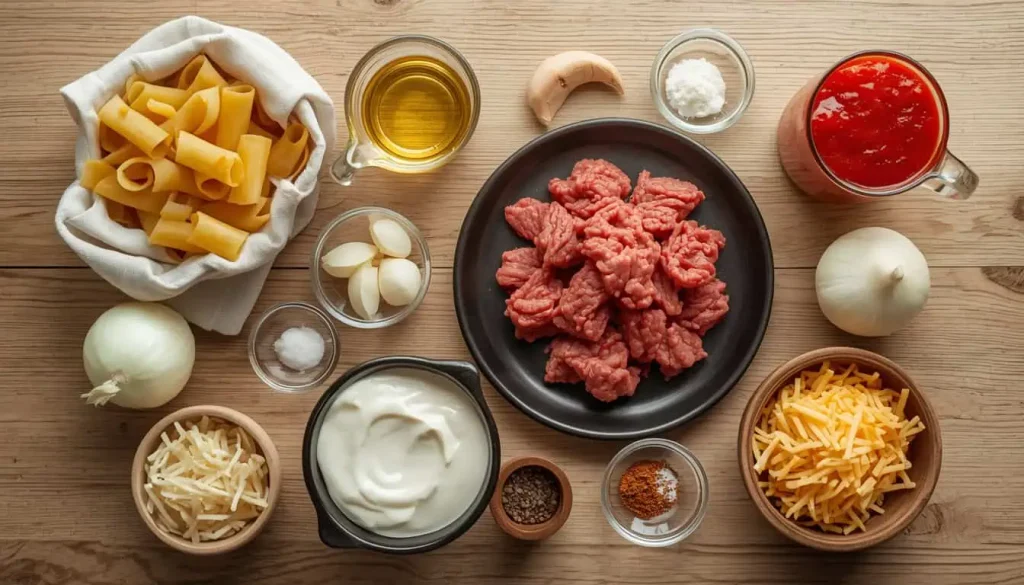 Ingredients for Poor Man Husband Casserole with ground beef and egg noodles