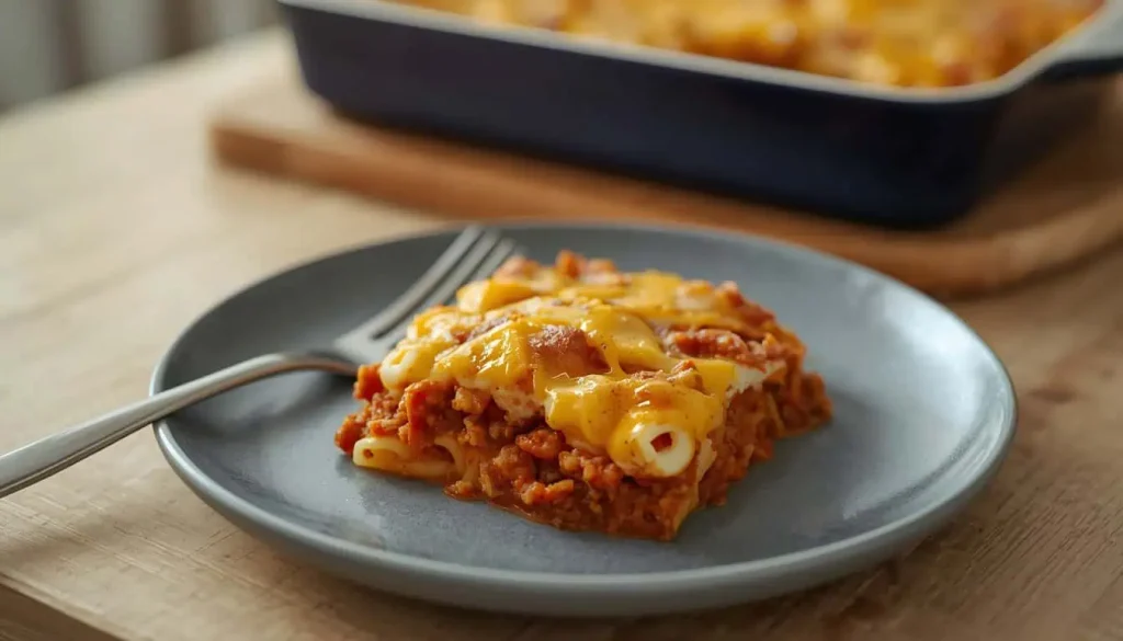 Serving of Poor Man Husband Casserole with beef, noodles, and cheddar