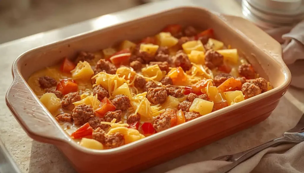 Potato egg casserole assembled with sausage and cheddar before baking