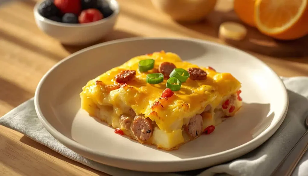 Potato egg and sausage casserole served for breakfast