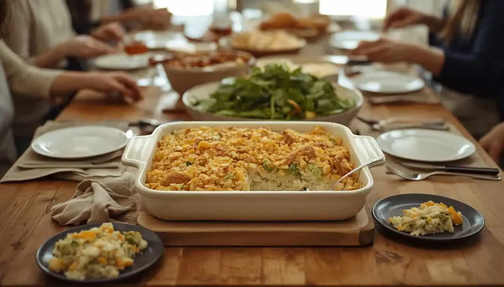 Chicken and rice casserole served for a potluck crowd