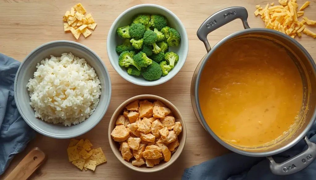 Chicken rice broccoli and cheese prepared for potluck casserole