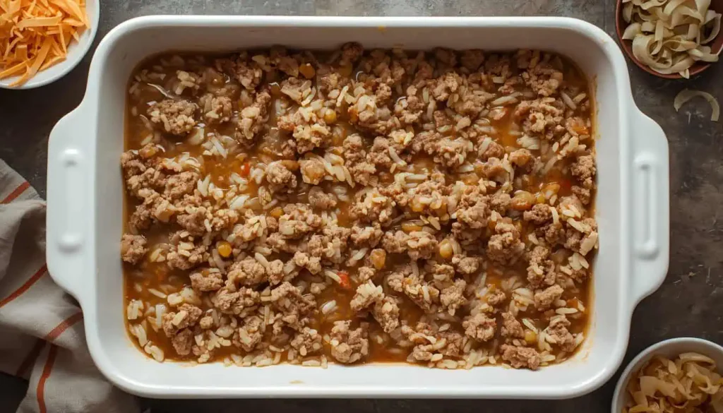Ground beef and uncooked rice mixture prepared for French onion casserole