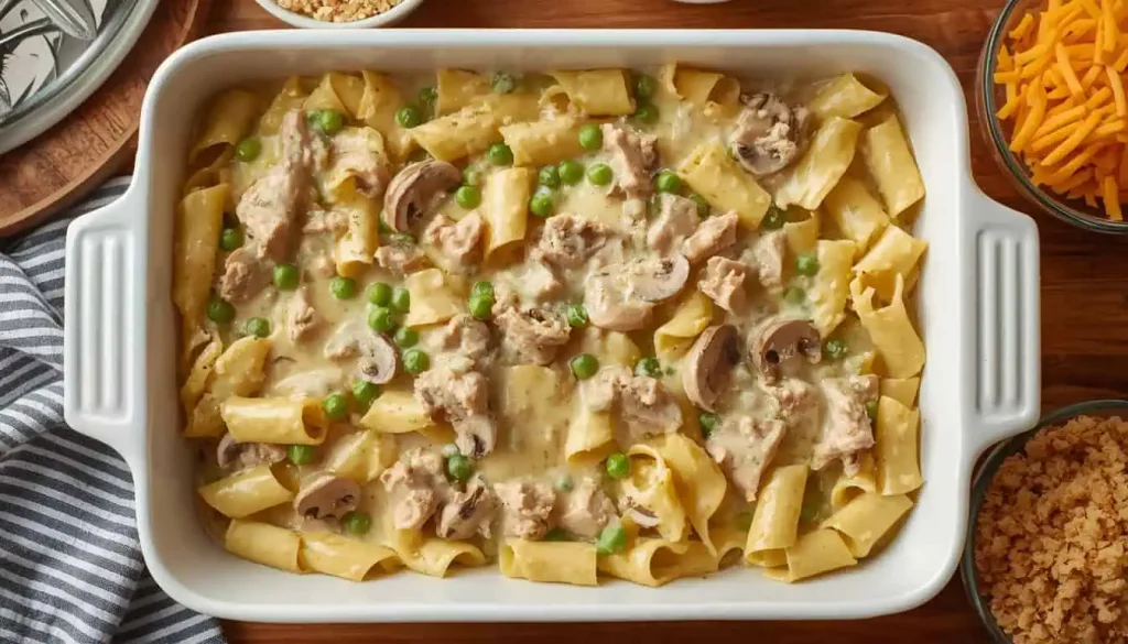 Creamy turkey and egg noodle mixture prepared for turkey noodle casserole