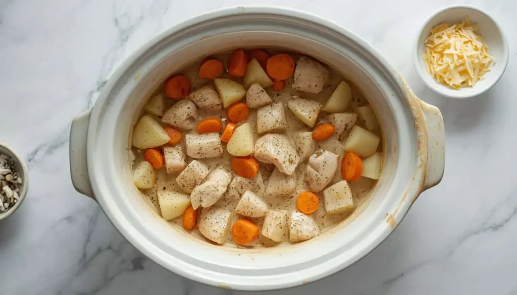 Slow cooker casserole ingredients prepared for cooking
