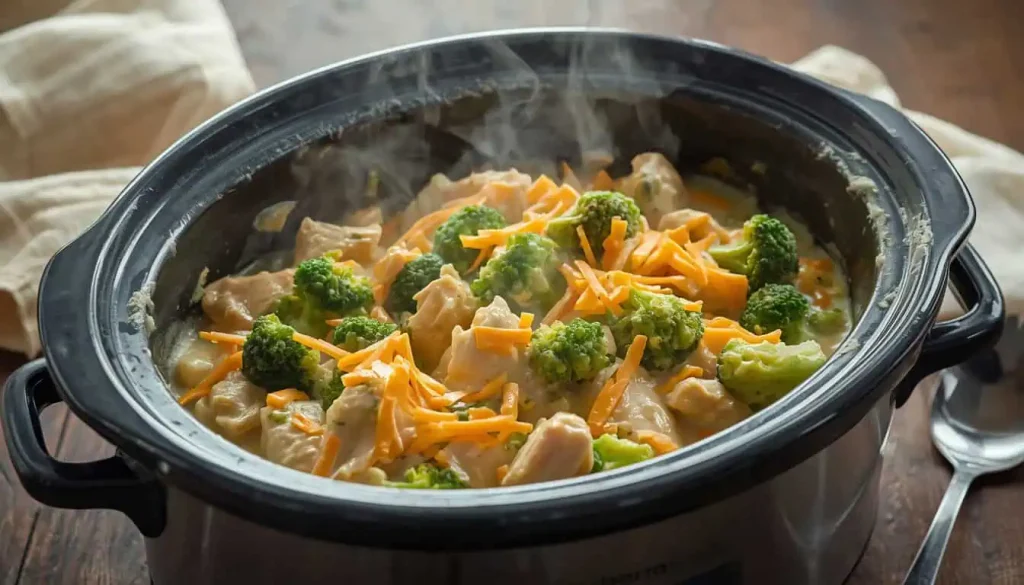 Creamy slow cooker chicken broccoli casserole with melted cheese