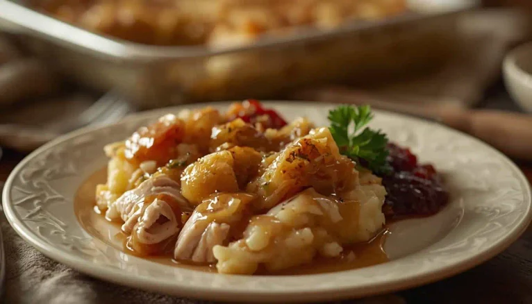 Serving of Thanksgiving leftover casserole with turkey, vegetables, mashed potatoes, stuffing, and cranberry sauce