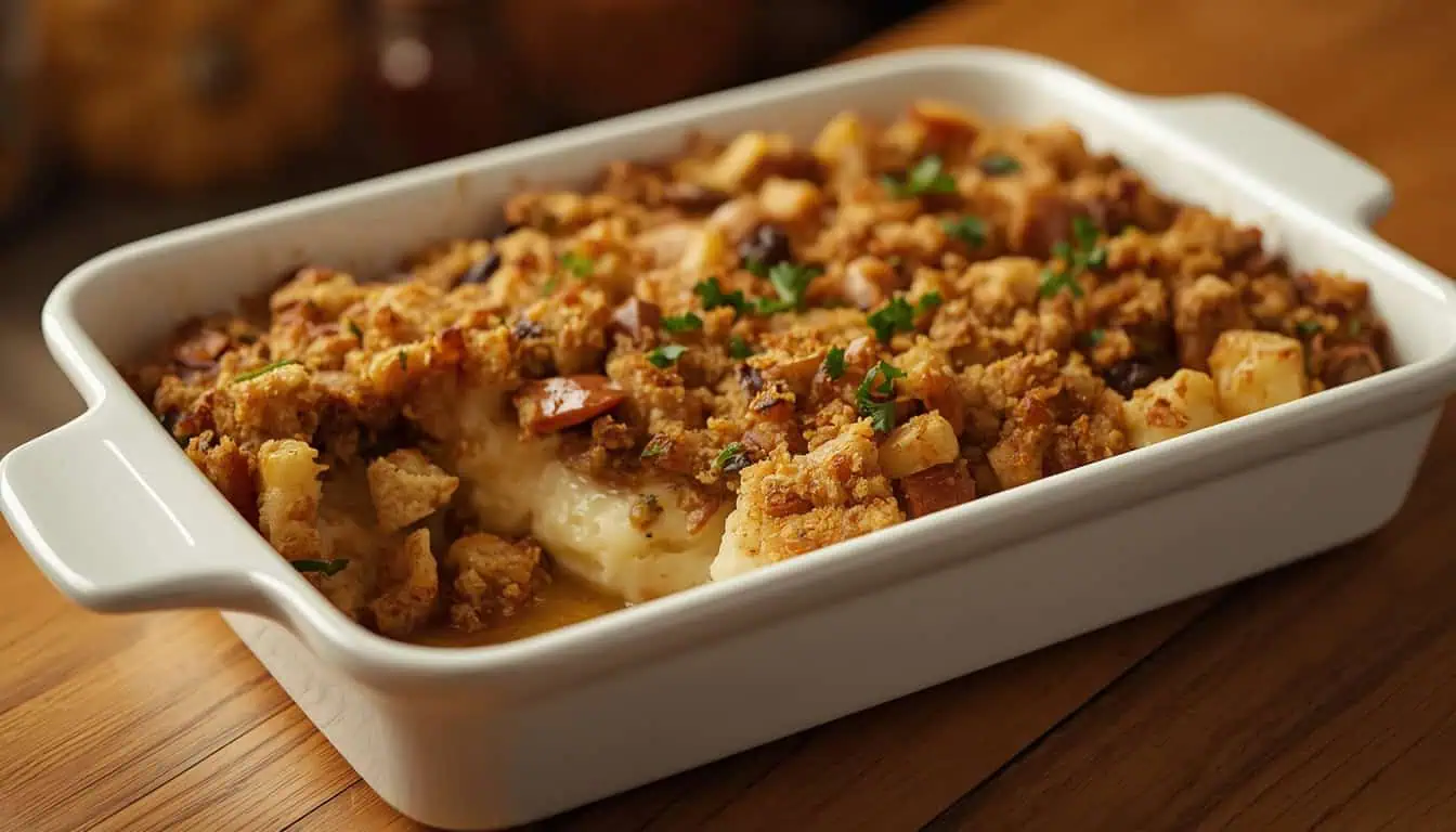 Thanksgiving leftover casserole with turkey, stuffing, mashed potatoes, vegetables, and gravy