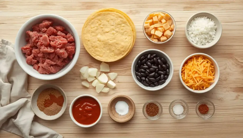 Ingredients for tortilla casserole with ground beef corn tortillas and black beans
