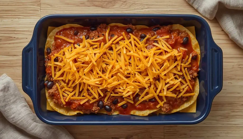 Tortilla casserole layered with ground beef black beans and corn tortillas before baking