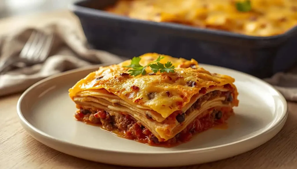 Serving of tortilla casserole with ground beef black beans and melted cheese