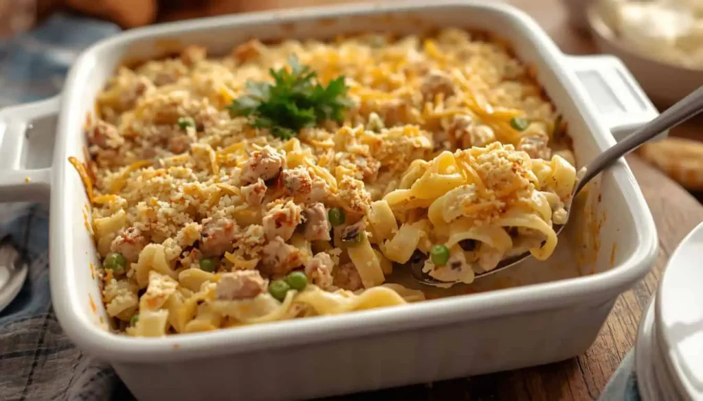 Creamy turkey noodle casserole with cheese and crispy breadcrumb topping