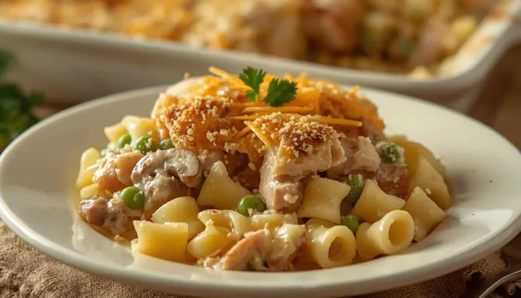 Serving of creamy turkey noodle casserole with egg noodles and crispy topping