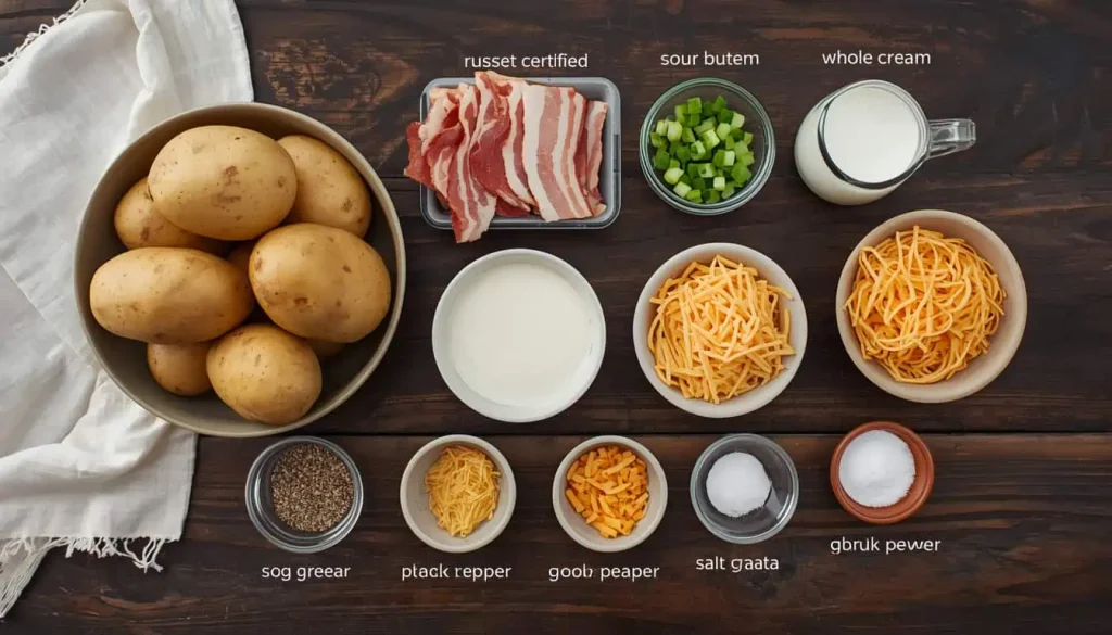 Ingredients for twice baked potato casserole with potatoes cheddar and sour cream