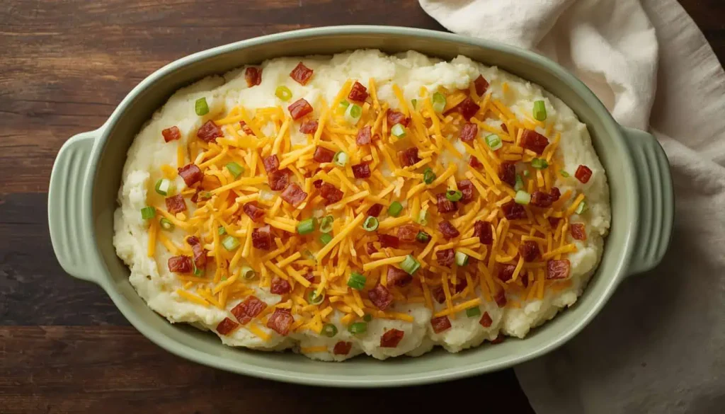 Twice baked potato casserole prepared with cheddar and turkey bacon before baking