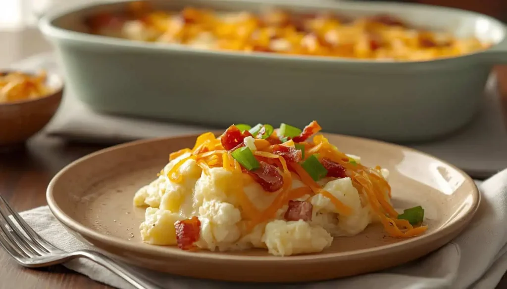 Serving of twice baked potato casserole with melted cheddar and turkey bacon