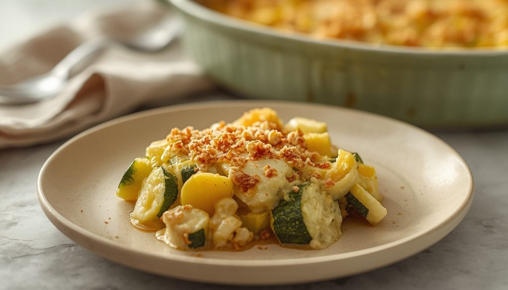 Serving of cheesy zucchini and yellow squash casserole