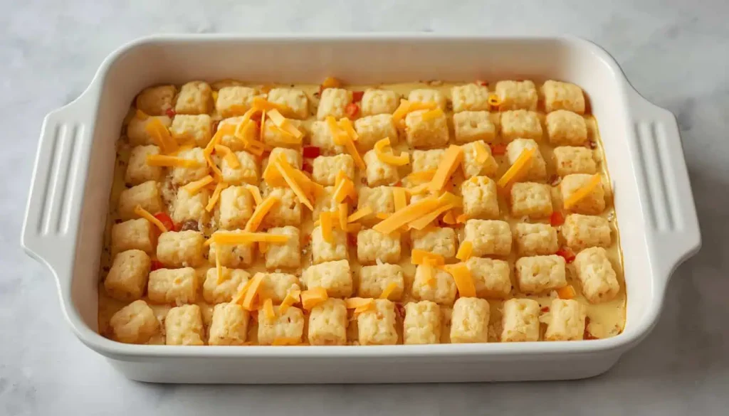 Tater tots arranged over egg and sausage breakfast casserole before baking