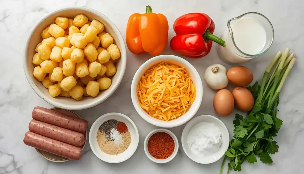 Ingredients for breakfast casserole with tater tots including eggs, sausage, cheddar, potatoes, onion, and bell pepper