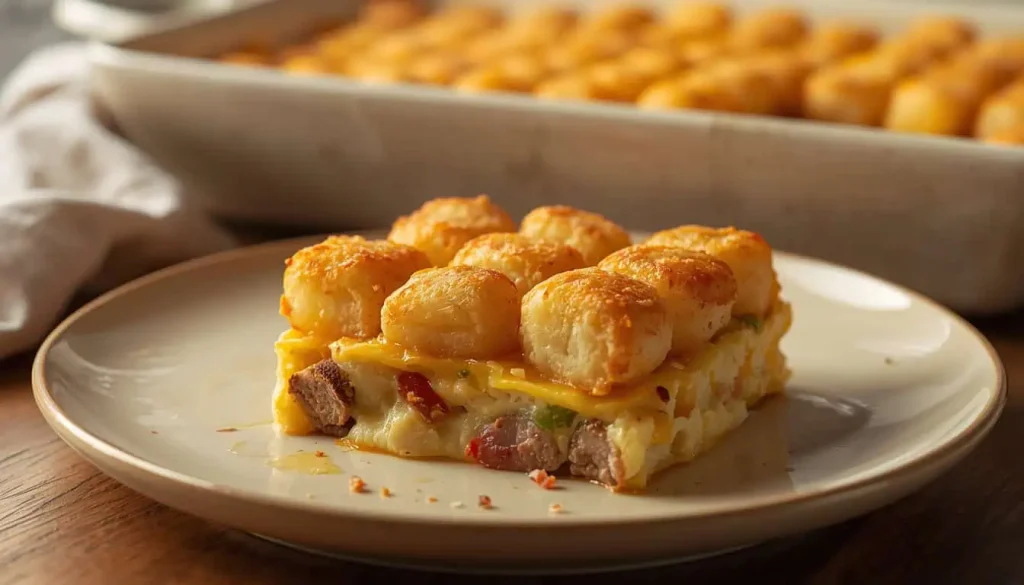 Serving of tater tot breakfast casserole with fluffy eggs, sausage, crispy potatoes, and melted cheddar