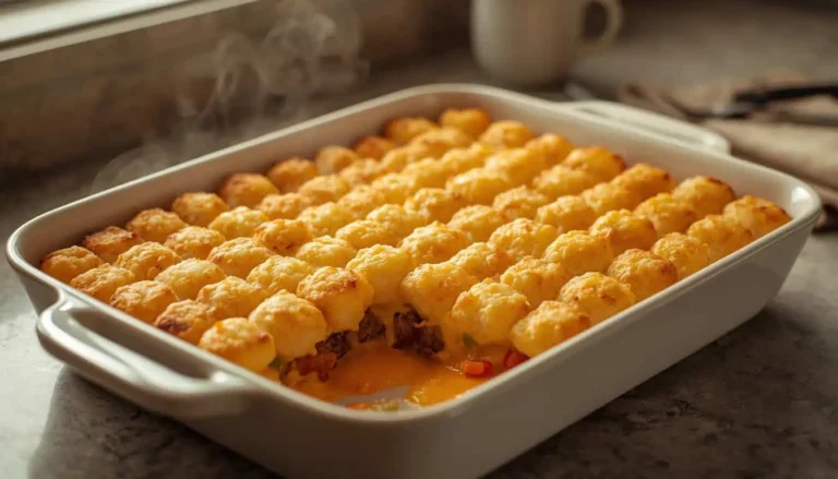 Breakfast casserole with tater tots, eggs, halal breakfast sausage, and melted cheddar in a baking dish