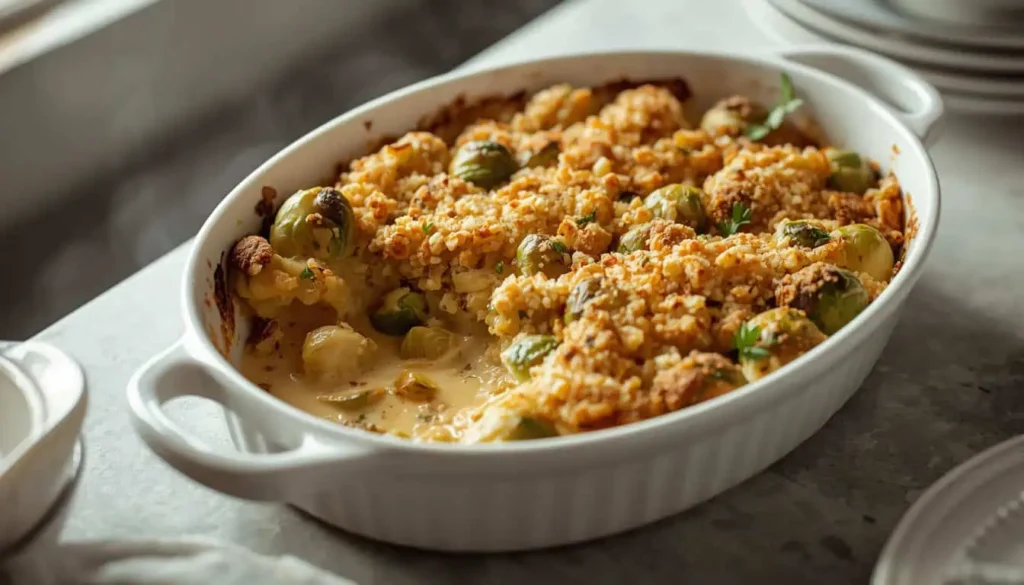 Creamy Brussels Sprout Casserole with golden Parmesan breadcrumb topping