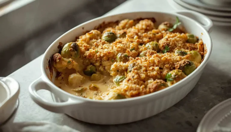 Creamy Brussels Sprout Casserole with golden Parmesan breadcrumb topping