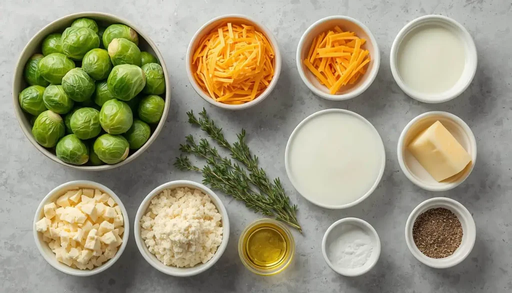 Ingredients for Brussels Sprout Casserole with fresh Brussels sprouts, cheddar, Parmesan, cream, and breadcrumbs