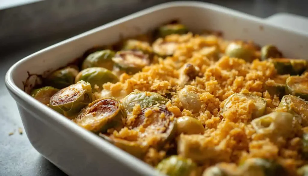 Roasted Brussels sprouts covered with creamy cheese sauce before baking