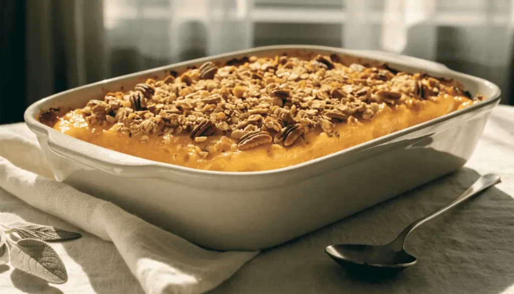 Ingredients for butternut squash casserole including squash, pecans, oats, maple syrup and spices