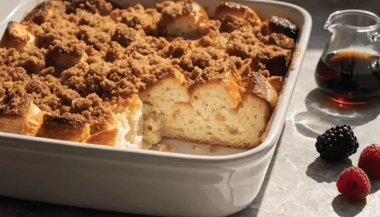 Challah French toast casserole with golden cinnamon crumble and a soft custardy center
