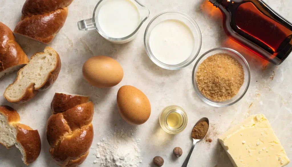 Ingredients for challah French toast casserole including challah bread, eggs, milk, cinnamon, maple syrup, and butter