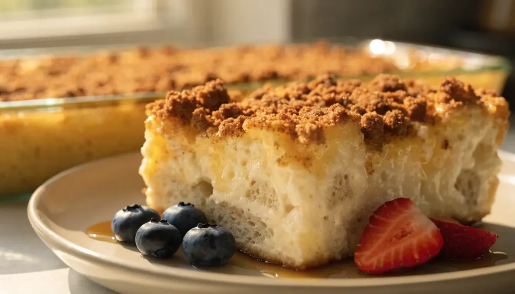 Slice of challah French toast casserole served with berries and maple syrup