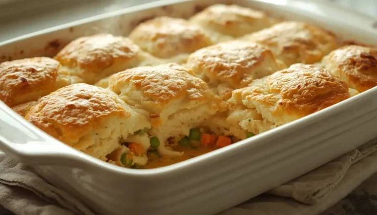Chicken and Biscuit Casserole with creamy chicken filling and golden biscuits