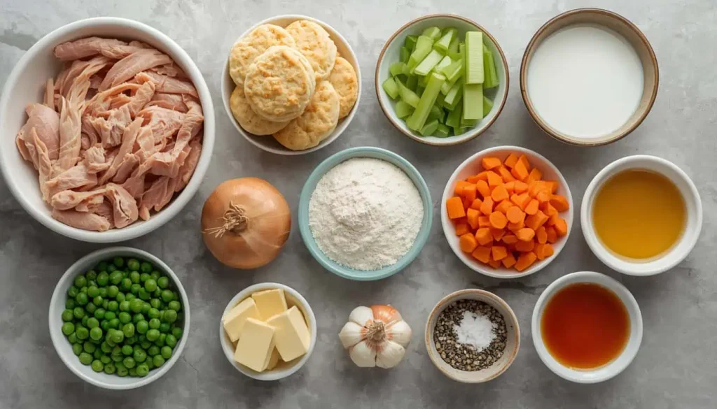 Ingredients for Chicken and Biscuit Casserole with chicken, vegetables, broth, milk, and biscuits