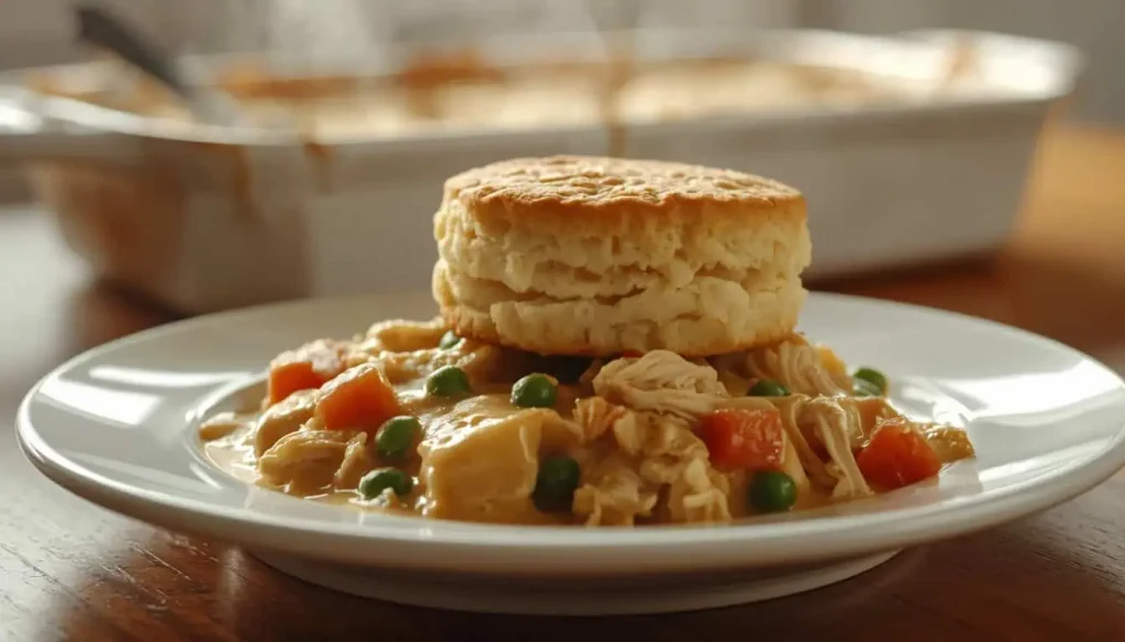 Serving of creamy Chicken and Biscuit Casserole with golden biscuit topping