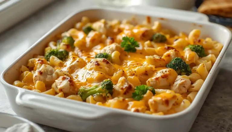Creamy Chicken and Pasta Casserole with broccoli and melted cheese