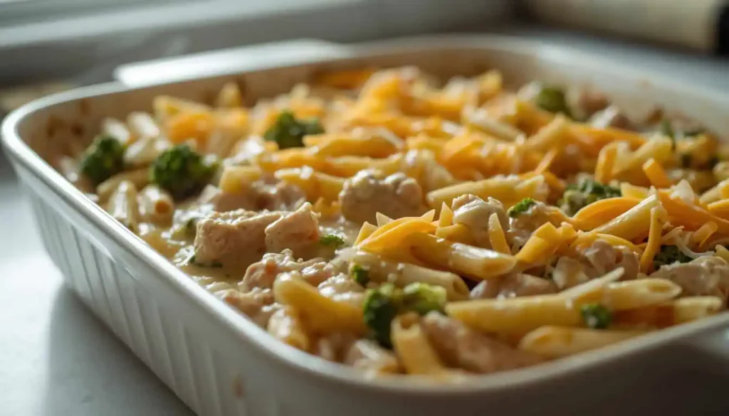 Chicken, pasta, broccoli, and creamy cheese sauce before baking