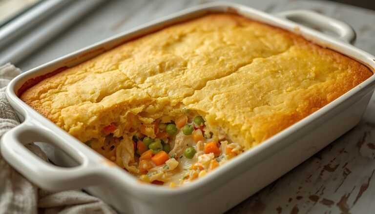 Golden chicken cornbread casserole with creamy chicken and vegetables in an ivory baking dish