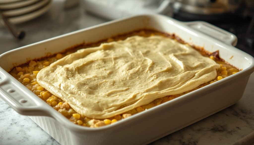 Cornbread batter spread over creamy chicken filling before baking