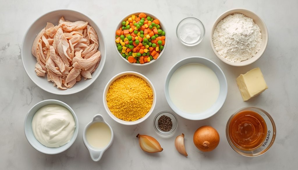 Ingredients for chicken cornbread casserole including chicken, vegetables, cornmeal, milk, butter, and seasonings