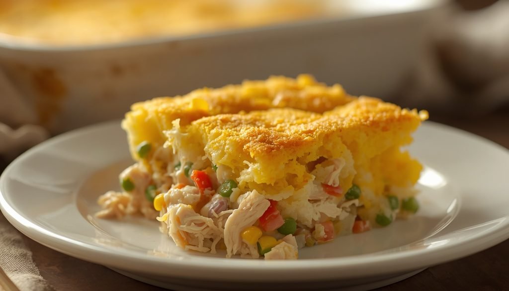Serving of chicken cornbread casserole with creamy chicken filling and golden cornbread topping