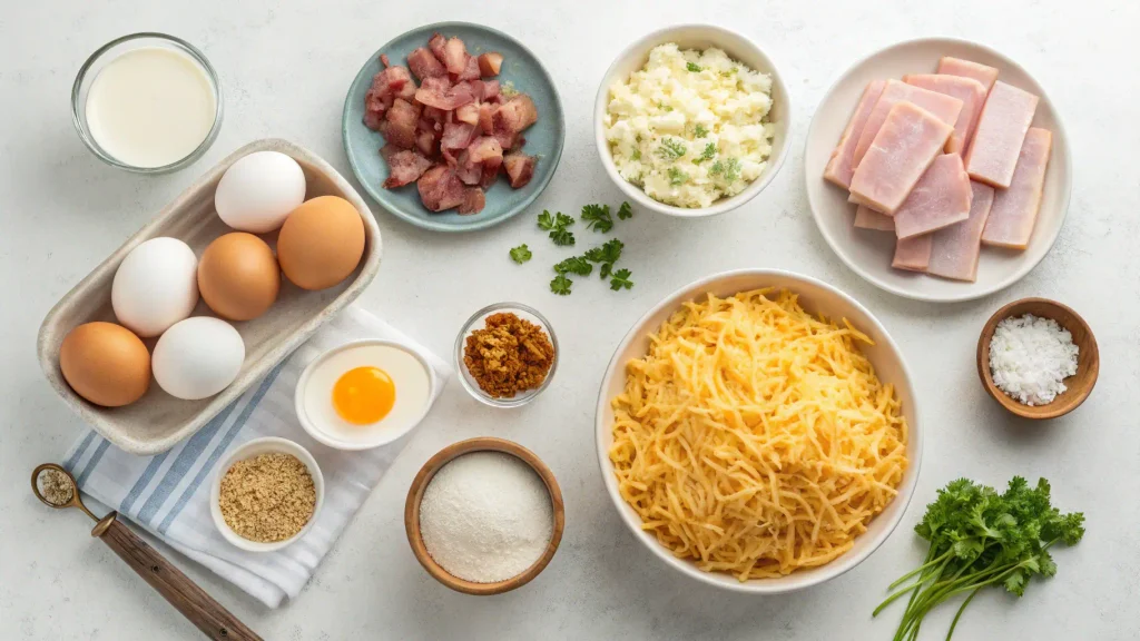 Ingredients for crack breakfast casserole with eggs, hash browns, turkey sausage and cheese