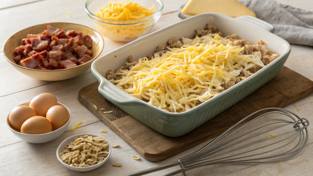 Crack breakfast casserole layered with hash browns, turkey sausage and cheese before baking