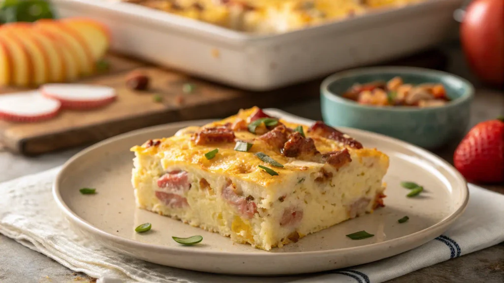 Slice of cheesy crack breakfast casserole with turkey sausage and hash browns