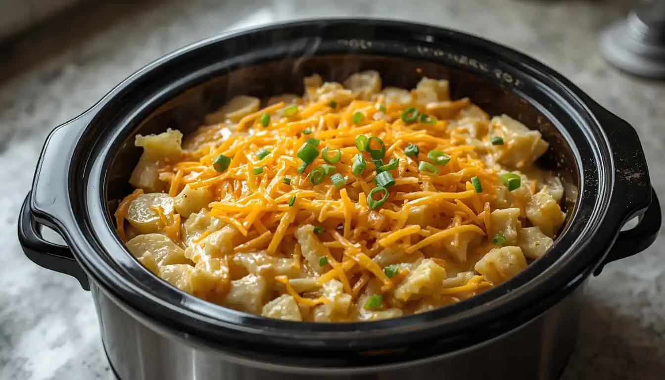 Creamy Crockpot Hashbrown Casserole with shredded potatoes and melted cheddar cheese