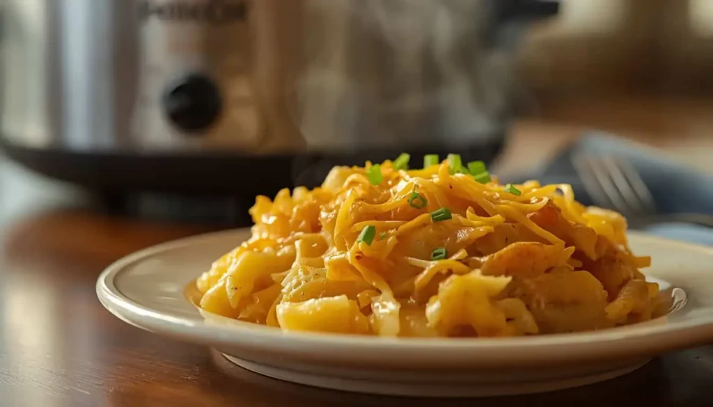 Serving of creamy cheesy Crockpot Hashbrown Casserole on a ceramic plate