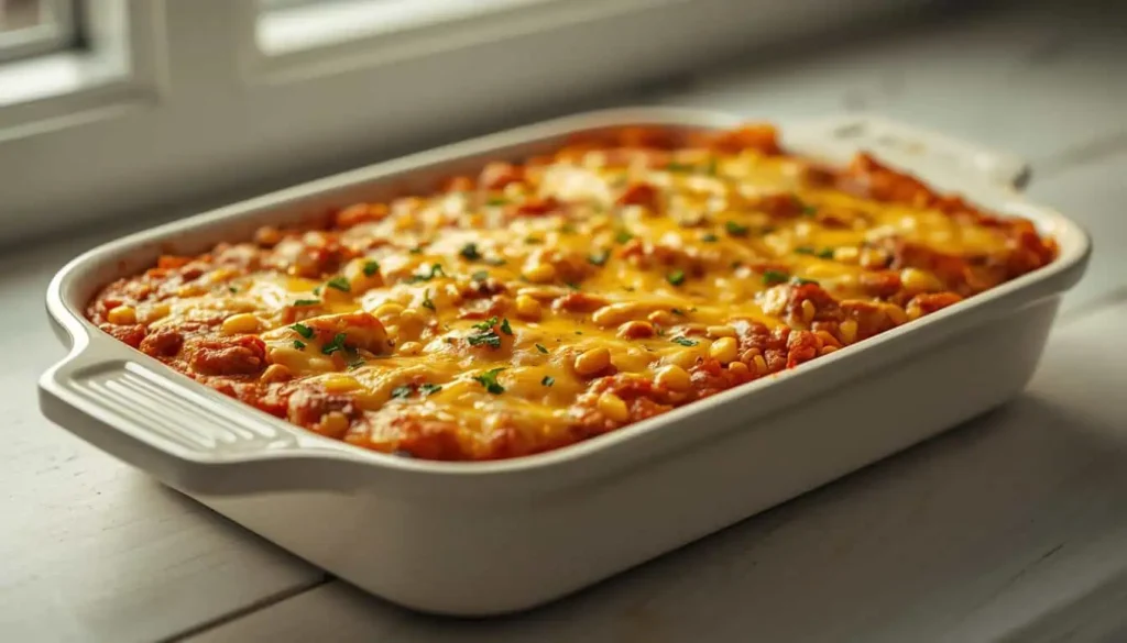 Cheesy hamburger corn casserole with ground beef, sweet corn, tomato sauce, and melted cheese