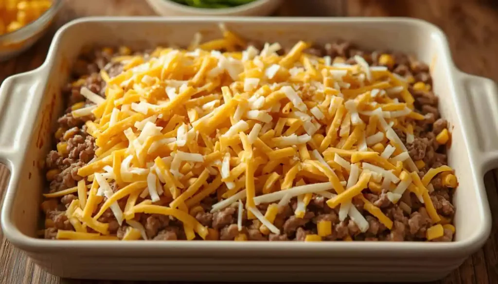 Hamburger corn casserole topped with shredded cheese before baking